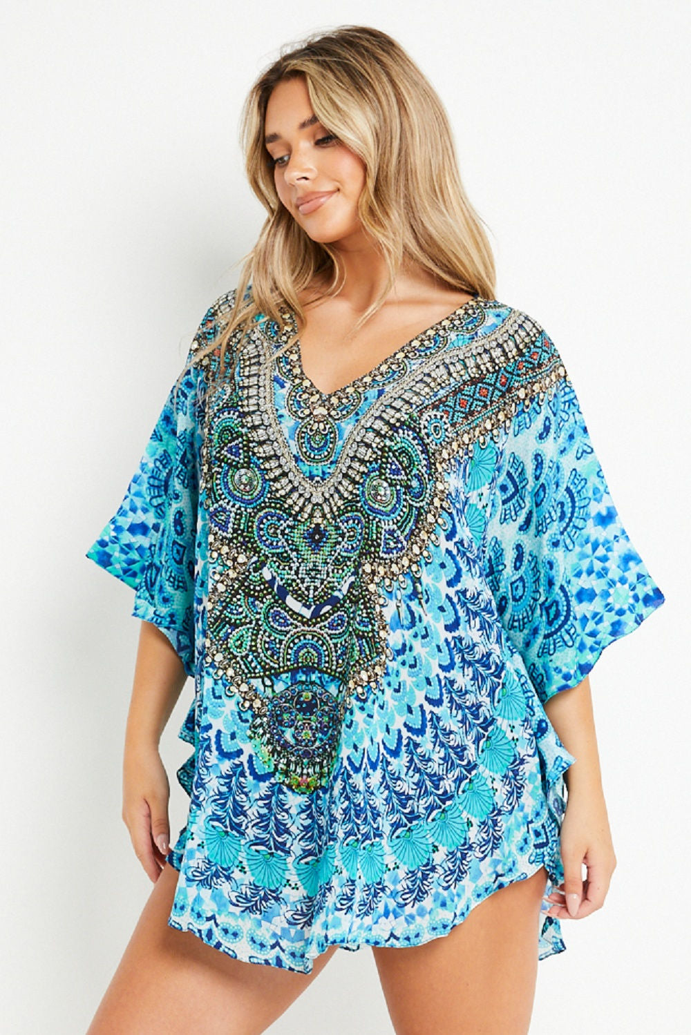 Aqua Blue Short Beach Dress Kaftan-0